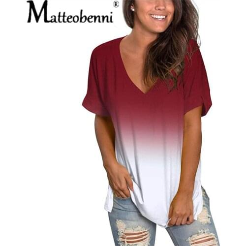 2021 Summer Women Fashion Printing T Shirts Casual Gradient V-Neck Short Sleeve Loose Tops Plus Size T-Shirt Womens Clothing