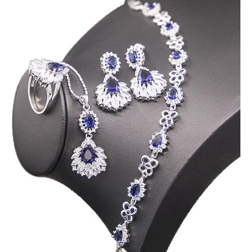 Blue Sapphire Jewelry Sets For Women Silver 925 Necklace Earrings Ring Pendant Bracelet With Gift Box