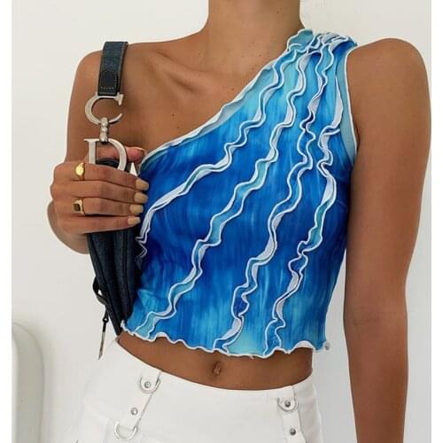 Women Sexy One-Shoulder Vest Fashion Printed Solid Color Ruffles Exposed Navel Sleeveless Tops