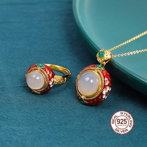 Vintage 925 Sterling Silver Thai Red Corundum Enamel Gemstone Pendant Ring For Women Ethnic Cloisonne Necklace Pendants no Chain