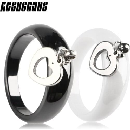 2018 New Design Drop Steel Hollow Heart Ceramic Ring Classic Black White Color Simple Style Women Lady Wedding Jewelry For Gifts