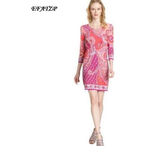 2015 European High Street Designer Dress Womens Cute 3/4 Sleeve Pink Geometric Print Knee Length Jersey Silk Dress Vestido XXL