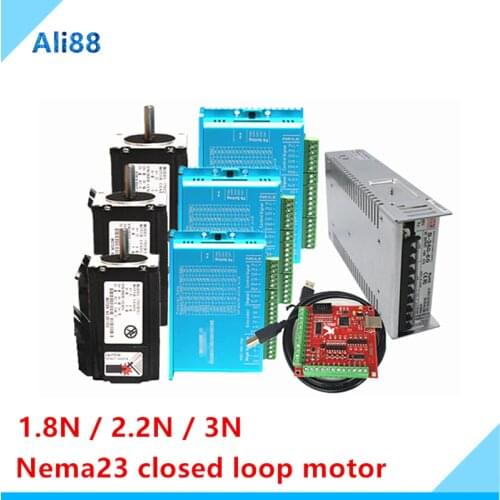 3axis Nema23 Motor kit: Nema 23 Stepper Motor Closed Loop System With 3M Cable+Servo Drive HBS57H+MACH3 Breakout Board CNC Part