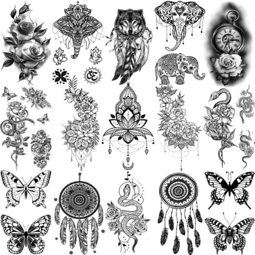 3D Lotus Henna Mandala Temporary Tattoos For Women Men Snake Flower Henna Tatoo Elephant Butterfly Compass Fake Tattoo Small