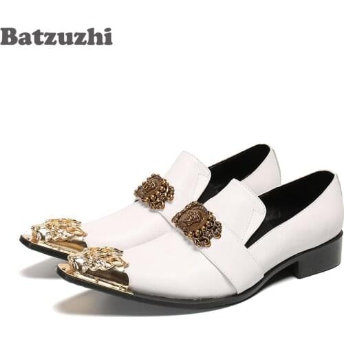 Batzuzhi Luxury Handmade Mens Leather Shoes Pointed Iron Toe White Genuine Leather Dress Shoes Slip on Zapatos Hombre!Big Size