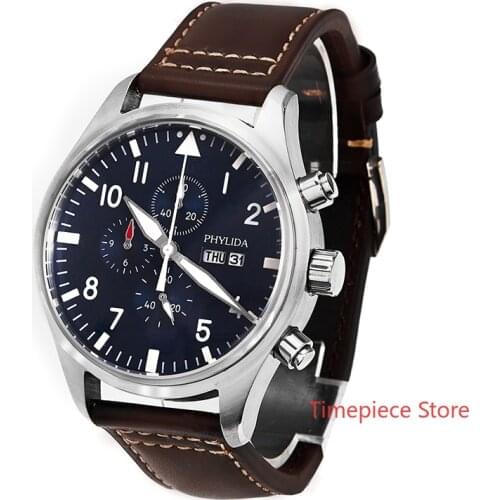 HOT 5ATM MIYOTA 45mm Pilot Little Prince Watch Chronograph Day/Date Full Luminous Leather Strap Domed Sapphire Crystal Blue Dial
