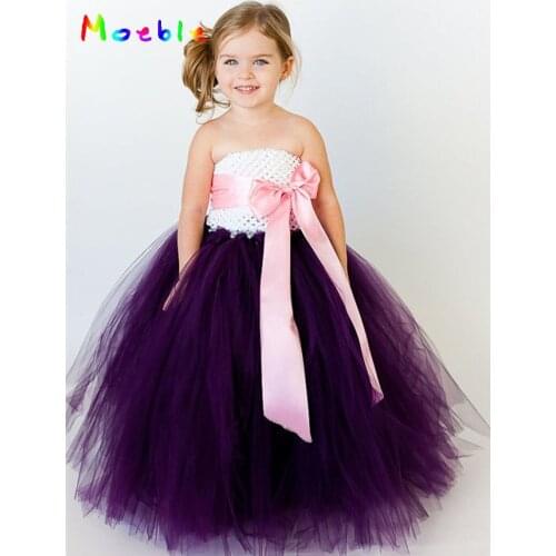 Ribbon Bow Children Girl Floor Length Tutu Dress Flower Girl Tutu Dress For Birthday Wedding Party Girl Photo Prop Dress DT-1607