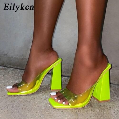 Eilyken Sexy Pvc Transparent Jelly Womens Slippers 2021 Summer Fashion Open Toe Square High Heels Party Shoes Fashion Sandals