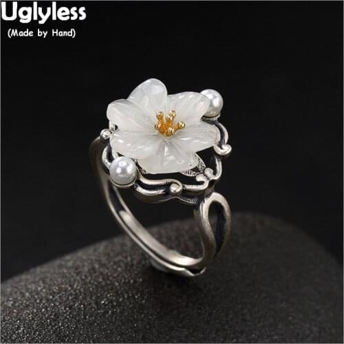 Uglyless Real 925 Sterling Silver Nature White Jade Plum Flower Fings for Women Retro Elegant Pearls Ring Hollow Handmade Bijoux
