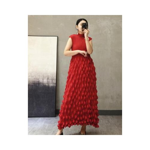 HOT SELLING Miyake Fashion fold pure color turtleneck sleeveless Bubble bud dress IN STOCK