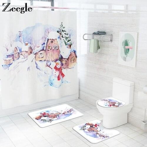 Polyester Waterproof Shower Curtain Set Snowman Cartoon Home Decor Bathroom Mat Anti-slip Bathroom Carpet 4pcs/set Toilet Carpet