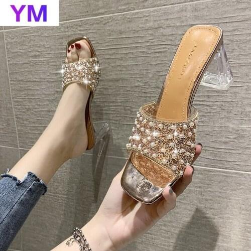 Summer Silver Champagne Womens Sandals New Shoes Pearls Clear Heel Open Toe Comfort Pvc Sexy Square Heel Zapatillas Casa Mujer