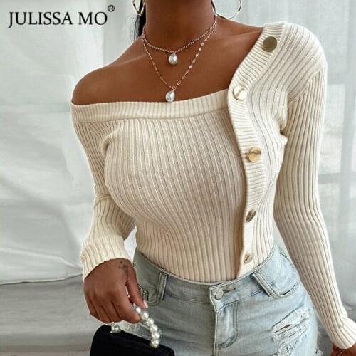 Julissa Mo Rib Knitted Buttons Sweater Women 2020 Autumn Long Sleeve Patchwork Pullovers Black Casual Streetwear Ladies Sweaters