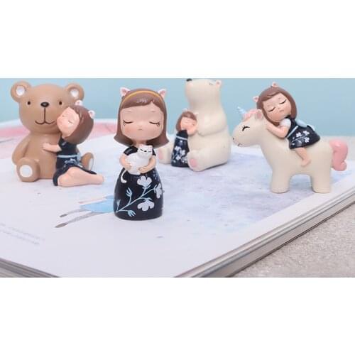 Set of 4pcs Cartoon Baby Girl Ornament Cake Topper Polar Bear Cat Unicorn Mini Figurine Fairy Garden Christmas Party Gift