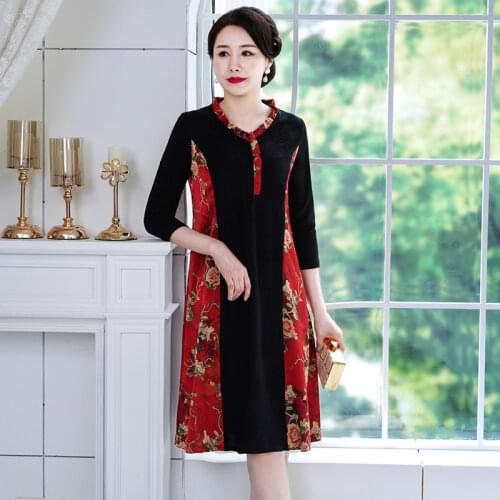 Spring and Autumn women Gold velvet Diamond dress floral embroidery middle age women vestido de renda dresses plus size clothing
