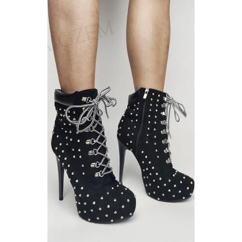 SEIIHEM Women Ankle Boots Round Toe Side Zip Platform Boots Short Booties Rivets Shoes Woman Botas Mujer Large Size 43 44 47 52