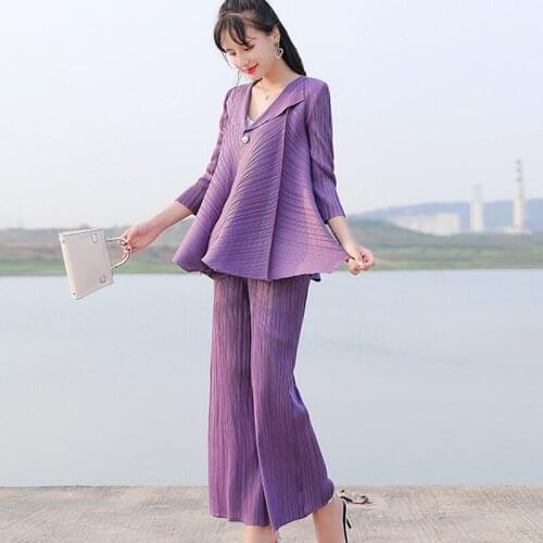 Miyak Pleated Casual Fashion 2 Two Piece Set Women 2021 A Buckle Jacket Top Elastic Waist Wide-leg pants Ladies Office Clothes