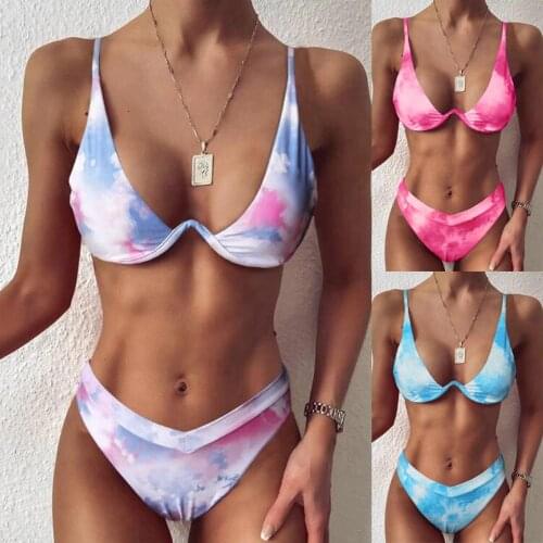 Womens Sexy Plus Size Tie-Dye High Waist V-Twin Split Swimsuit Set Beach Swimming Leisure Fast Delivery
