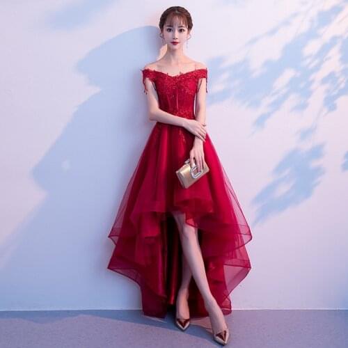 New Wine Red Short Front Long Back Evening Dress Sexy Boat Neck Plus Size Custom Made Lace Up Party Evening Dress Robe De Soiree