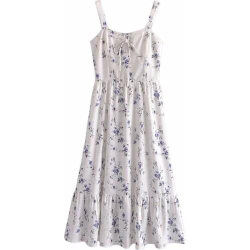 YENKYE Vintage Floral Print Sleeveless Dress Women A-line Midi Holiday Summer Ladies Dress Prairie Chic Vestido