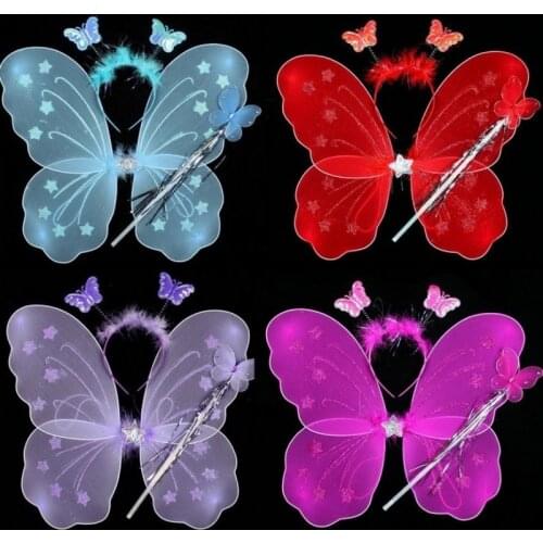 3Pcs Kids Girls Fairy Princess Costume Sets Colorful Stage Wear Butterfly Wings Wand Headband Wand Party Costumes Supplies