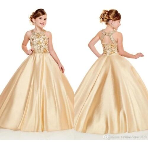 2021 New Princess Flower Girls Dresses Sleeveless Halter Lace Appliques Beaded Sleeveless Satin Hollow Back Floor Length Girls P