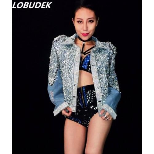 Sparkly Rhinestones Pearls Jeans Crystals Loose Jacket Coat Sexy Tide Female Singer Nightclub DJ DS Costume Concert Stage Outfit