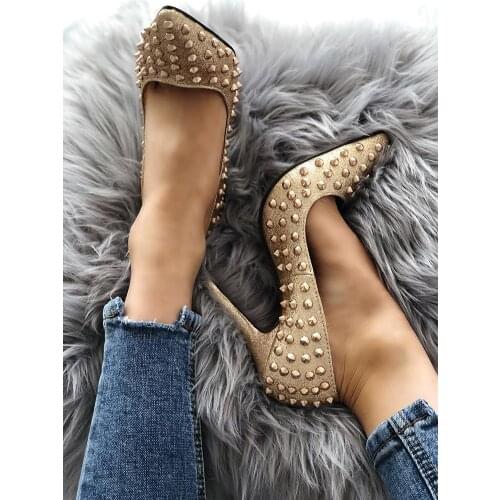 Carpaton Bling Bling Glitter Embellished High Heel Shoes Gold Rivets Studded Woman Pumps Sexy Pointed Toe Party Wedding Heels