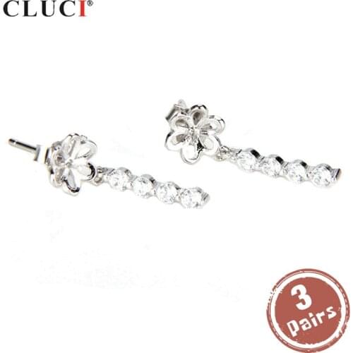 CLUCI 3 pair 925 Sterling Silver Earrings Sliver 925 Pearl Earrings Mounting For Women Jewelry Making Zircon Earring SE038SB