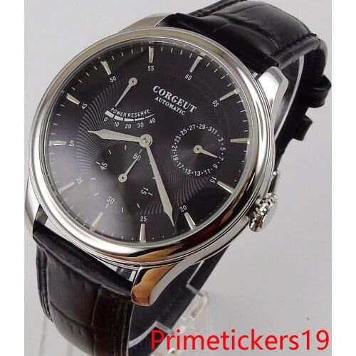 CORGEUT luxury 40mm automatic men watch power reserve date indicator seeing through backcover leather strap