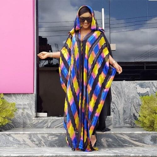 DOIB African Dresses for Women Chiffon Colorful Striped Golden Bead Dashiki Clothes Abaya Dubai Robe With Hooded Inner Dress