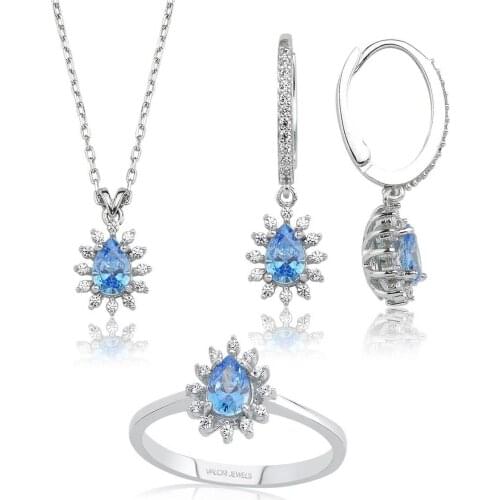 Valori Jewels 1.32 Carat, Elegant Drop, Zirconia Fancy Blue And White Pear Gemstone, Rhodium Plated, Sterling Silver Trio Set