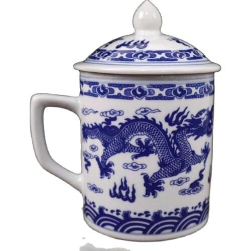 Chinese Old Porcelain Blue And White Double Dragon Pattern Cup