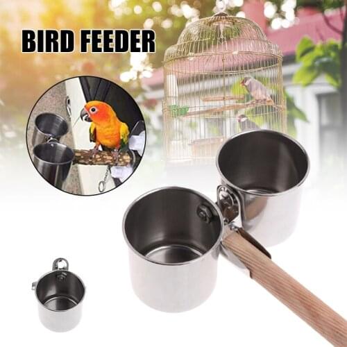Bird Feeder Bowl Parrot Hanging Birdcage Food Bowls with Clamp Stand Stainless Steel Perches Play Water Holder for Pet TN88