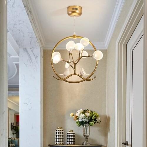 Nordic round chandelier Stylish Tree Branch Iron Gold Luster bird lamp Home Decoration for Living Room Bedroom hallway chandelie