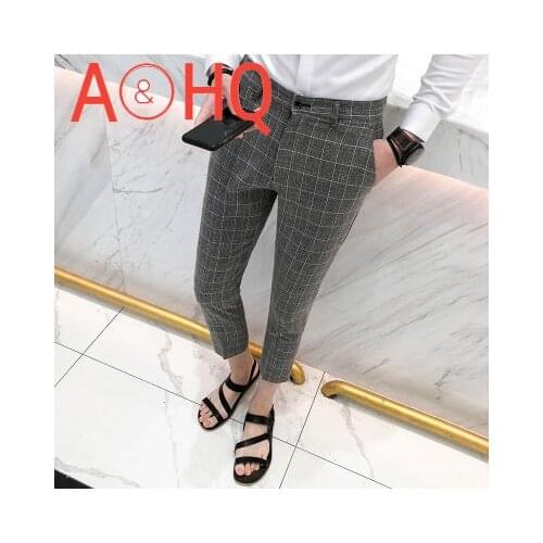 Men Suit Pants Slim Fit Plaid Men Pants Summer Thin Fashion Calf-length Trousers Male Office Black England Style