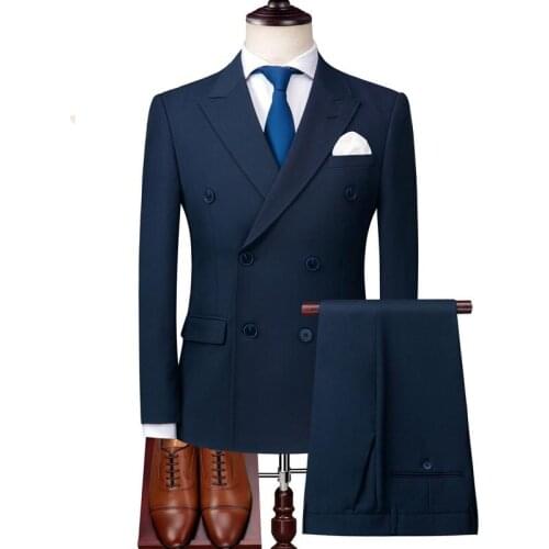 Navy Blue Suits Men Slim Fit Double Breasted Wedding Formal Dress Tuxedo Prom Business Wear Clothes 2 Pcs (Jacket Pants )