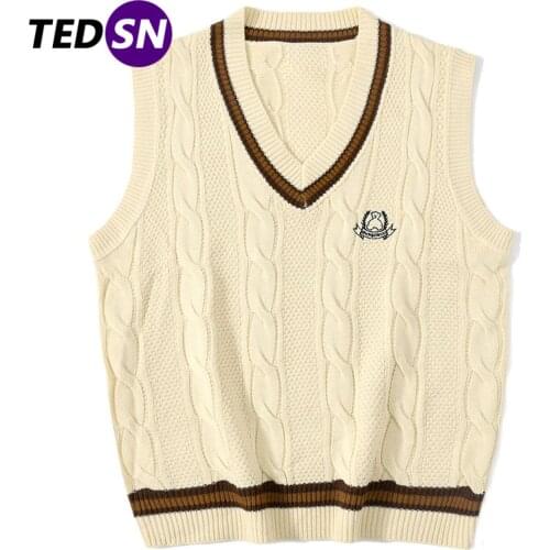 2021SS Harajuku Bear Embroidered Sleeveless Vest Sweater Knitted Streetwear Unisex Retro Pullover Sweaters Men Knit V-neck