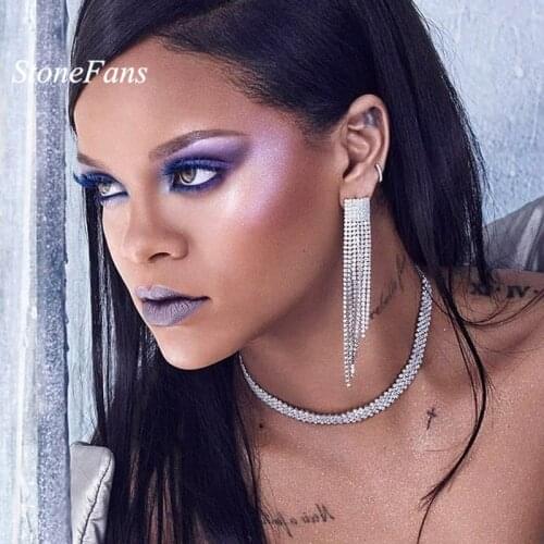 StoneFans Top Crystal Tassel Necklace Earrings Bridal Jewelry Sets Christmas Gift Wedding Party Earrings Necklace Set Jewelry