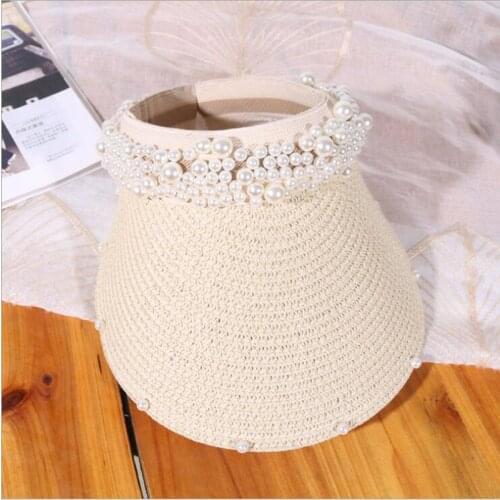 2019 New Pearl Visor Female Holiday Beach Hat Ladies Summer Sun Shade Caps Fashion Straw Empty Top Caps Outdoor Travel Hats