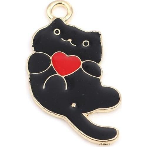 Doreen Box Zinc Based Alloy Pendants Cat Animal Gold Metal Black/White & Red Heart Enamel Charms DIY Jewelry 30mm x 15mm, 10 PCs