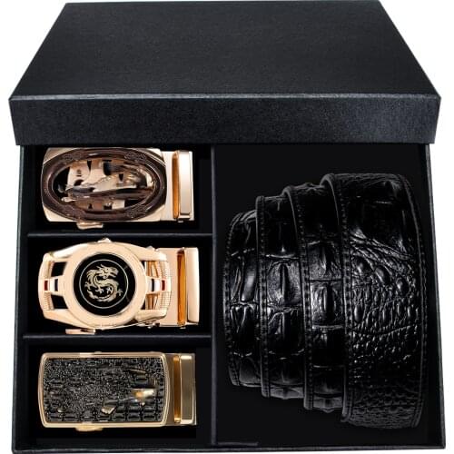 Hi-Tie Luxury Brand Genuine Leather Automatic Buckle Belts for Men Gift Box Set Fashion Gold Crocodile Casual Luxury Design Belt