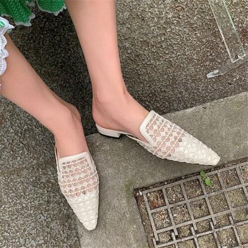 PXELENA Mature Women Mesh Mules Breathable Low Heels Slides Pointed Toe Comfort Daily Summer Slippers Lady Shoes Beige Slip On