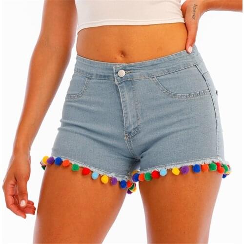 Light Blue Denim Shorts Women High Waist Straight Color Ball Tassel Jeans Shorts Lady Slim Sexy Short Jeans 2021 Summer New