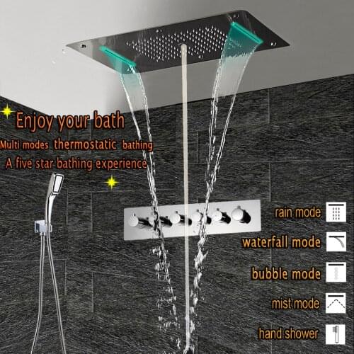 Large flow Thermostatic Concealed Shower Mixer LED Ceiling Shower Head Panel Luxury Bath Shower Rain Waterfall Bubble Mist