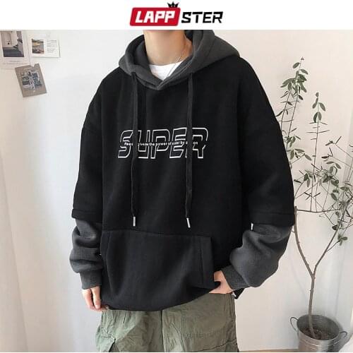 LAPPSTER Men Patchwork Hooded Hoodies 2020 Mens Korean Fashions Fake Two Pieces Sweatshirts Male Black Letter Hip Hop Clothing