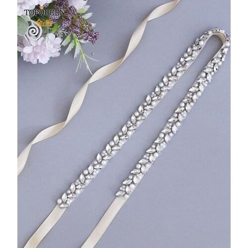 TOPQUEEN S383-S Wedding Dress Belt Pearl Silver Diamond Belt Luxury Rhinestone Belts Thin Dimond Trim Applique Bridal Belt