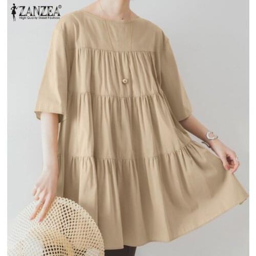 ZANZEA 2021 Vintage Summer Tops Womens Ruffle Blouses Casual Short Sleeve Blusas Female Hollow Solid Tunic Plus Size Chemise
