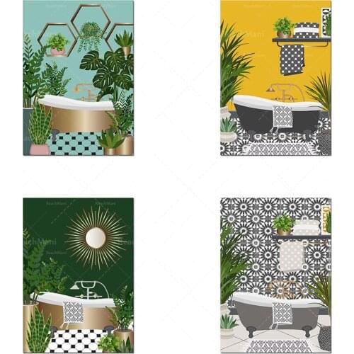 Bathroom Sunray Mirror and Plants Print, Botanical Bathroom Print, Rose Gold Prints, Moroccan Tiled Bathroom Print, Beautiful Ba