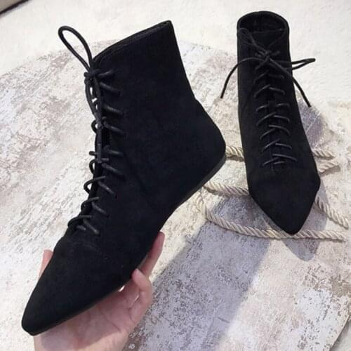 Small Booties female flat heels pointed ankle boots women plush cowboy knight botines winter cross tied nubuck velvet snow botas